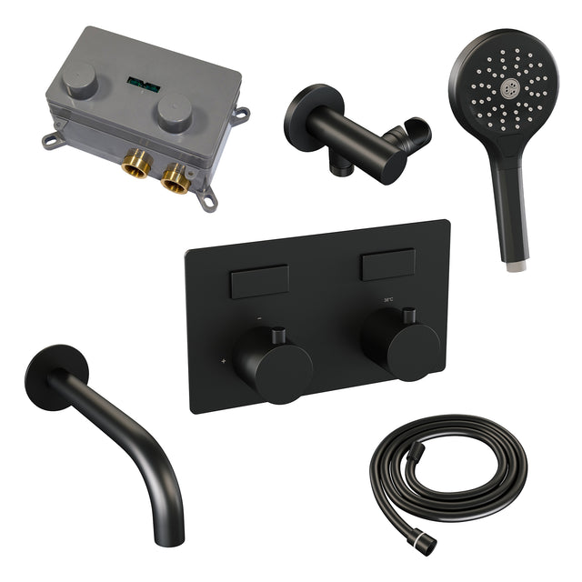 BRAUER Black Edition thermostatische inbouw badkraan met drukknoppen SET 04 met uitloop en 3-standen handdouche en doucheslang en wandaansluitbocht mat zwart 5-S-211