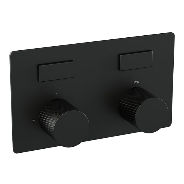 BRAUER Black Carving thermostatische inbouw badkraan met drukknoppen SET 03 met uitloop en staaf handdouche en doucheslang en wandaansluitbocht mat zwart 5-S-214