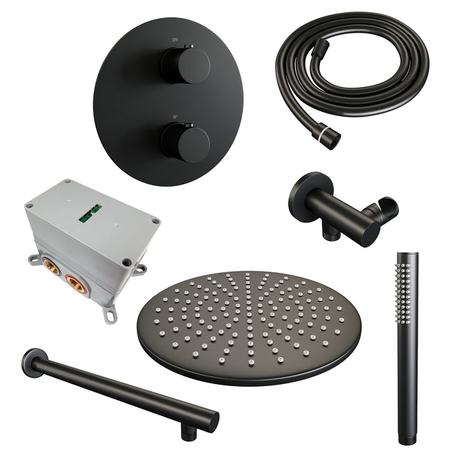 BRAUER Black Edition thermostatische inbouw regendouche 3-weg rond SET 74 met 30 cm douchekop en rechte muurarm en staaf handdouche en doucheslang en wandaansluitbocht mat zwart 5-S-268