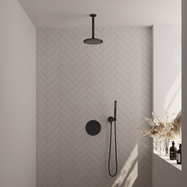 BRAUER Black Edition thermostatische inbouw regendouche 3-weg rond SET 77 met 20 cm douchekop en plafondarm en staaf handdouche en doucheslang en wandaansluitbocht mat zwart 5-S-271