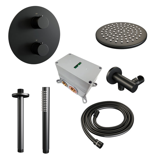 BRAUER Black Edition thermostatische inbouw regendouche 3-weg rond SET 77 met 20 cm douchekop en plafondarm en staaf handdouche en doucheslang en wandaansluitbocht mat zwart 5-S-271