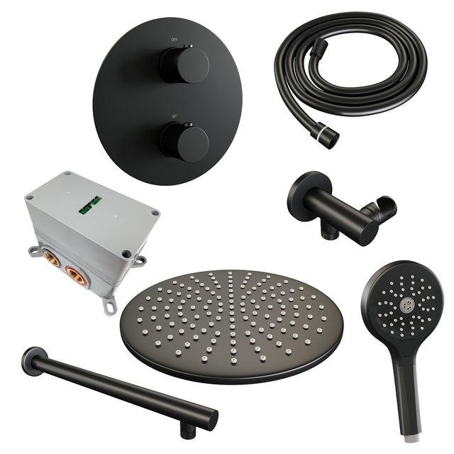 BRAUER Black Edition thermostatische inbouw regendouche 3-weg rond SET 80 met 30 cm douchekop en rechte muurarm en 3-standen handdouche en doucheslang en wandaansluitbocht mat zwart 5-S-274