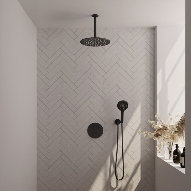 BRAUER Black Edition thermostatische inbouw regendouche 3-weg rond SET 84 met 30 cm douchekop en plafondarm en 3-standen handdouche en doucheslang en wandaansluitbocht mat zwart 5-S-278