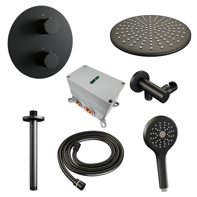 BRAUER Black Edition thermostatische inbouw regendouche 3-weg rond SET 84 met 30 cm douchekop en plafondarm en 3-standen handdouche en doucheslang en wandaansluitbocht mat zwart 5-S-278