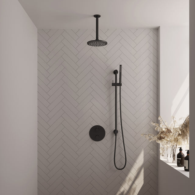 BRAUER Black Edition thermostatische inbouw regendouche 3-weg rond SET 89 met 20 cm douchekop en plafondarm en staaf handdouche en doucheslang en geïntegreerde glijstang mat zwart 5-S-283
