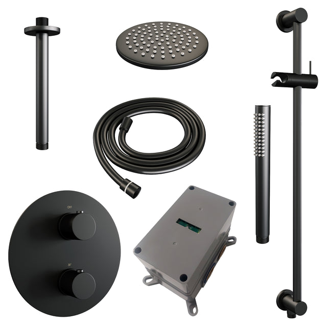 BRAUER Black Edition thermostatische inbouw regendouche 3-weg rond SET 89 met 20 cm douchekop en plafondarm en staaf handdouche en doucheslang en geïntegreerde glijstang mat zwart 5-S-283