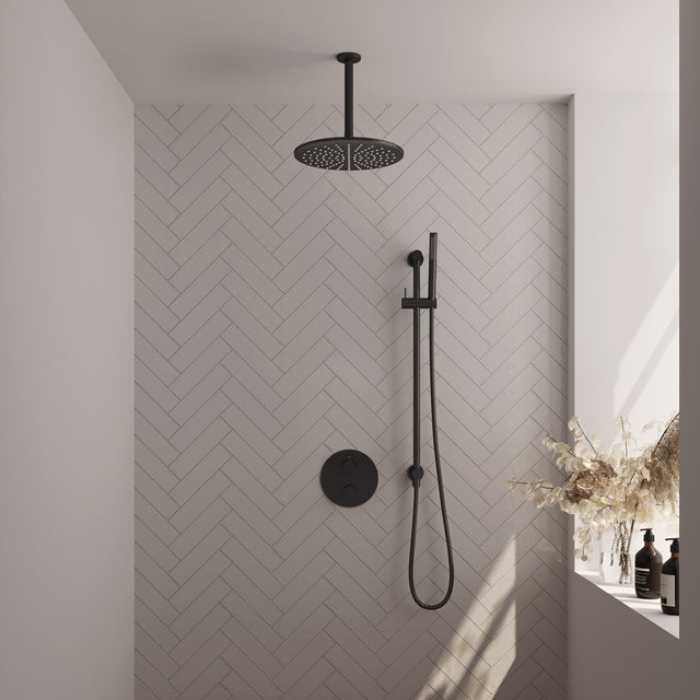BRAUER Black Edition thermostatische inbouw regendouche 3-weg rond SET 90 met 30 cm douchekop en plafondarm en staaf handdouche en doucheslang en geïntegreerde glijstang mat zwart 5-S-284