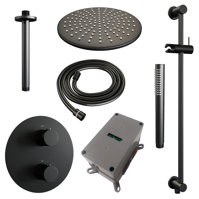 BRAUER Black Edition thermostatische inbouw regendouche 3-weg rond SET 90 met 30 cm douchekop en plafondarm en staaf handdouche en doucheslang en geïntegreerde glijstang mat zwart 5-S-284