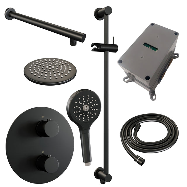 BRAUER Black Edition thermostatische inbouw regendouche 3-weg rond SET 91 met 20 cm douchekop en rechte muurarm en 3-standen handdouche en doucheslang en geïntegreerde glijstang mat zwart 5-S-285