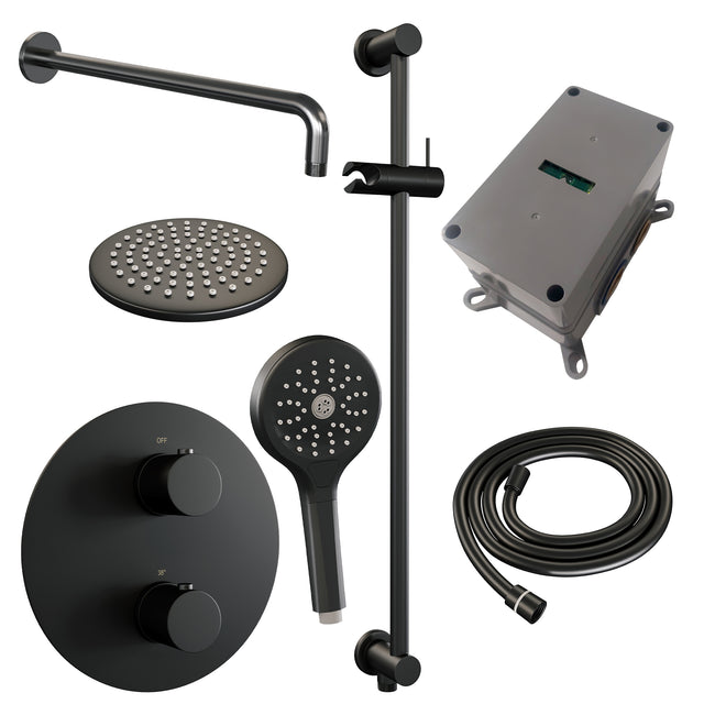 BRAUER Black Edition thermostatische inbouw regendouche 3-weg rond SET 93 met 20 cm douchekop en gebogen muurarm en 3-standen handdouche en doucheslang en geïntegreerde glijstang mat zwart 5-S-287
