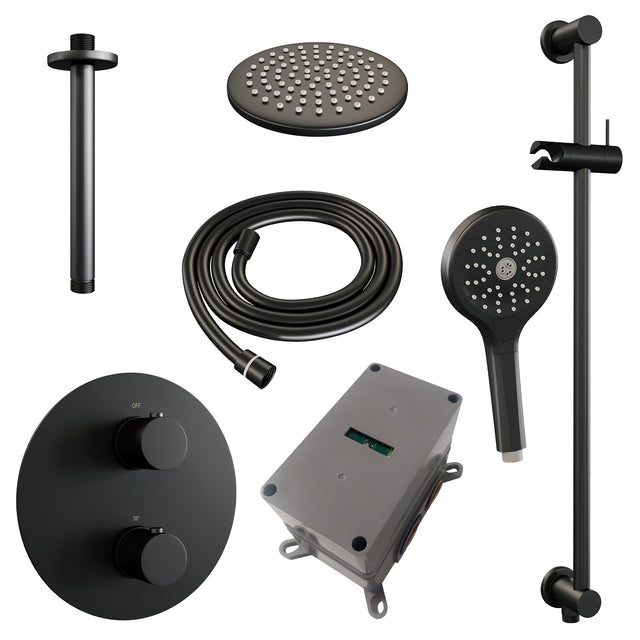 BRAUER Black Edition thermostatische inbouw regendouche 3-weg rond SET 95 met 20 cm douchekop en plafondarm en 3-standen handdouche en doucheslang en geïntegreerde glijstang mat zwart 5-S-289