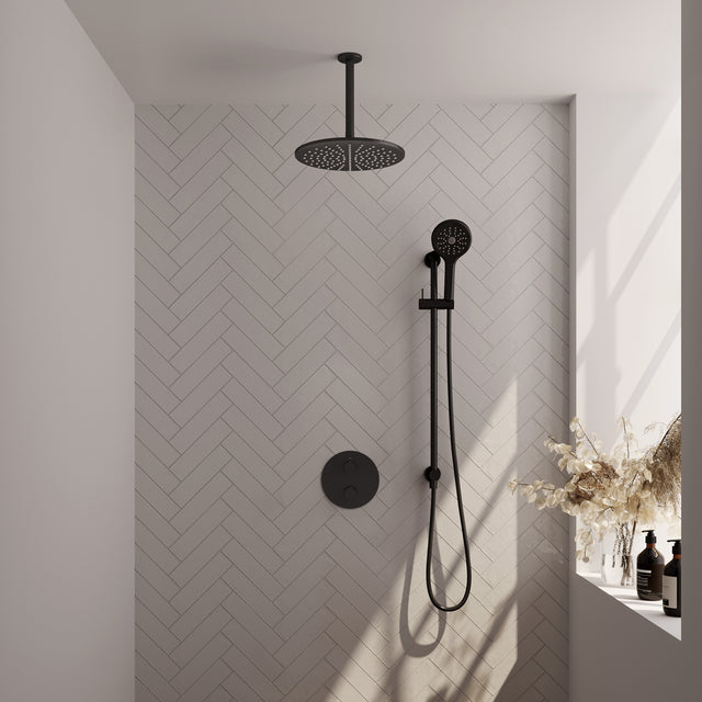 BRAUER Black Edition thermostatische inbouw regendouche 3-weg rond SET 96 met 30 cm douchekop en plafondarm en 3-standen handdouche en doucheslang en geïntegreerde glijstang mat zwart 5-S-290