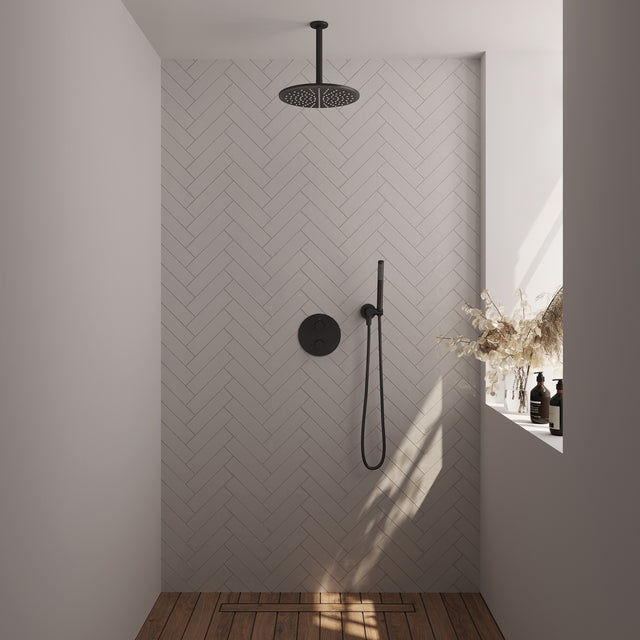 BRAUER Black Carving thermostatische inbouw regendouche 3-weg rond SET 78 met 30 cm douchekop en plafondarm en staaf handdouche en doucheslang en wandaansluitbocht mat zwart 5-S-296