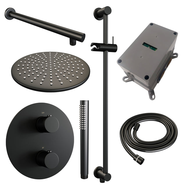 BRAUER Black Carving thermostatische inbouw regendouche 3-weg rond SET 86 met 30 cm douchekop en rechte muurarm en staaf handdouche en doucheslang en geïntegreerde glijstang mat zwart 5-S-304