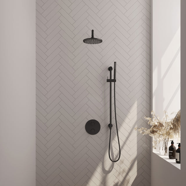 BRAUER Black Carving thermostatische inbouw regendouche 3-weg rond SET 87 met 20 cm douchekop en gebogen muurarm en staaf handdouche en doucheslang en geïntegreerde glijstang mat zwart 5-S-305