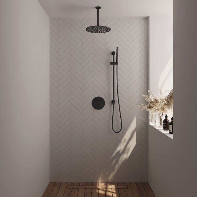 BRAUER Black Carving thermostatische inbouw regendouche 3-weg rond SET 90 met 30 cm douchekop en plafondarm en staaf handdouche en doucheslang en geïntegreerde glijstang mat zwart 5-S-308