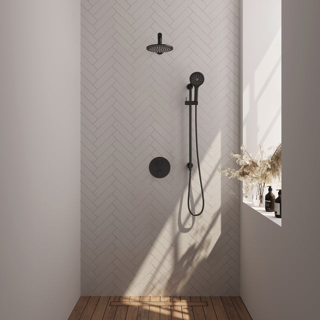 BRAUER Black Carving thermostatische inbouw regendouche 3-weg rond SET 91 met 20 cm douchekop en rechte muurarm en 3-standen handdouche en doucheslang en geïntegreerde glijstang mat zwart 5-S-309