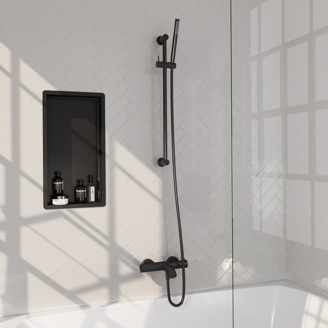 BRAUER Stripe opbouw baddouche thermostaatkraan SET 01 met glijstang en staaf handdouche en doucheslang mat zwart 5-S-340