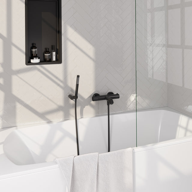 BRAUER Stripe opbouw baddouche thermostaatkraan SET 03 met wandhouder en staaf handdouche en doucheslang mat zwart 5-S-342