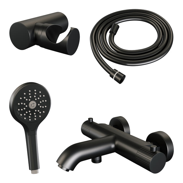 BRAUER Stripe opbouw baddouche thermostaatkraan SET 04 met wandhouder en 3-standen handdouche en doucheslang mat zwart 5-S-343