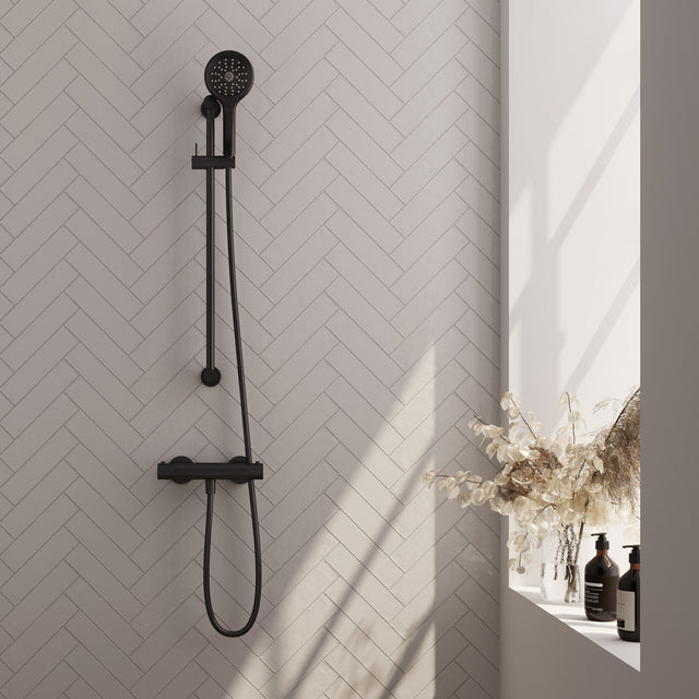 BRAUER Stripe opbouw douche thermostaatkraan SET 02 met glijstang en 3-standen handdouche en doucheslang mat zwart 5-S-346