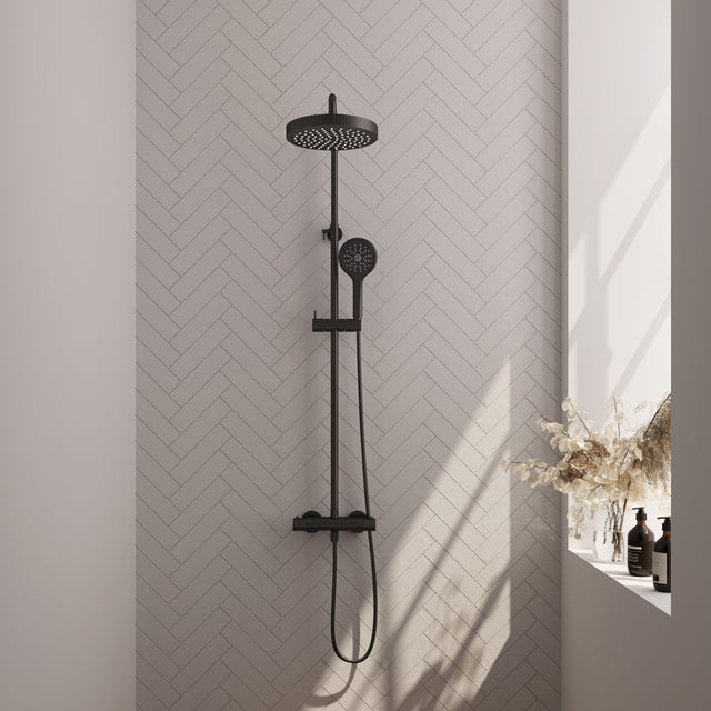 BRAUER Stripe opbouw thermostatische regendouche SET 02 met 25 cm hoofddouche en 3-standen handdouche en doucheslang mat zwart 5-S-349