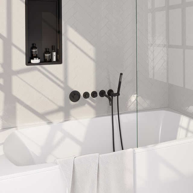 BRAUER Stripe thermostatische inbouw badkraan SET 01 met uitloop en staaf handdouche en doucheslang en wandaansluitbocht mat zwart 5-S-357