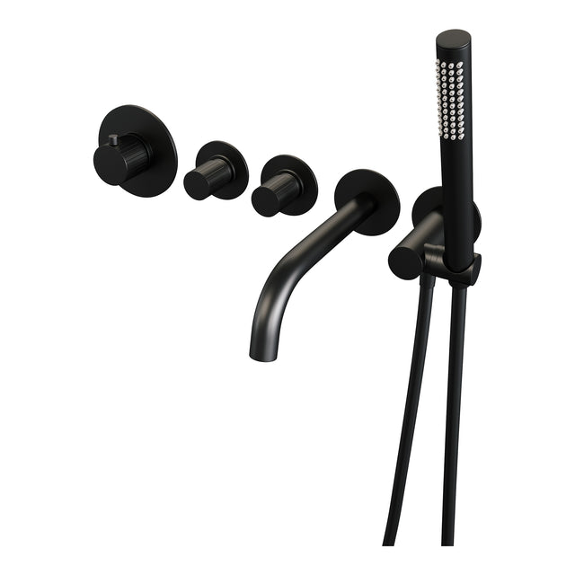 BRAUER Stripe thermostatische inbouw badkraan SET 01 met uitloop en staaf handdouche en doucheslang en wandaansluitbocht mat zwart 5-S-357