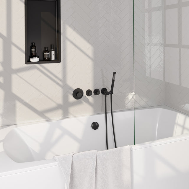 BRAUER Stripe thermostatische inbouw badkraan SET 01 met badvulcombinatie en staaf handdouche en doucheslang en wandaansluitbocht mat zwart 5-S-359
