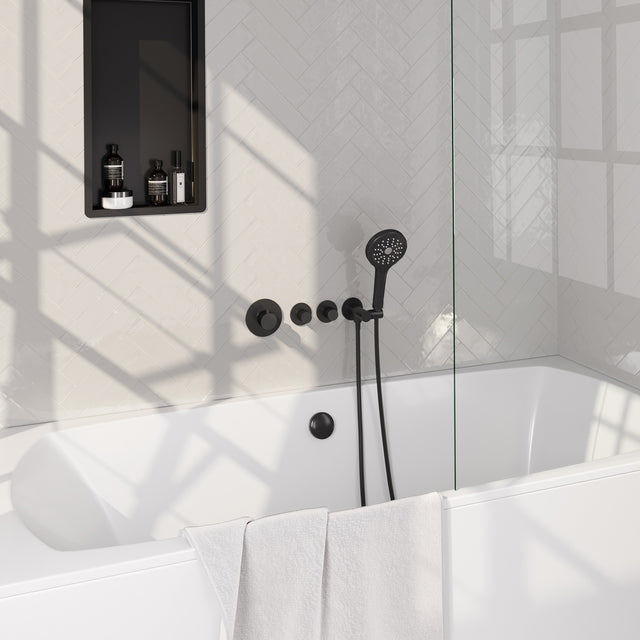 BRAUER Stripe thermostatische inbouw badkraan SET 02 met badvulcombinatie en 3-standen handdouche en doucheslang en wandaansluitbocht mat zwart 5-S-360