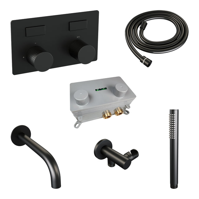 BRAUER Stripe thermostatische inbouw badkraan met drukknoppen SET 03 met uitloop en staaf handdouche en doucheslang en wandaansluitbocht mat zwart 5-S-363