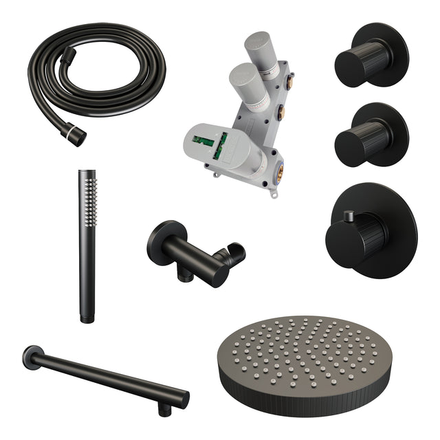 BRAUER Stripe thermostatische inbouw regendouche SET 01 met 25 cm douchekop en rechte muurarm en staaf handdouche en doucheslang en wandaansluitbocht mat zwart 5-S-365