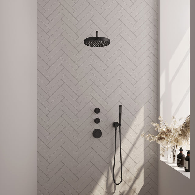 BRAUER Stripe thermostatische inbouw regendouche SET 02 met 25 cm douchekop en gebogen muurarm en staaf handdouche en doucheslang en wandaansluitbocht mat zwart 5-S-367