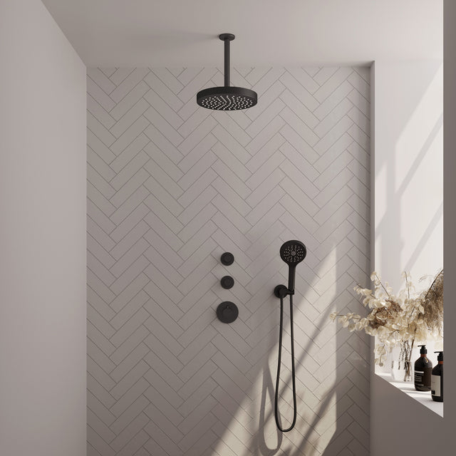 BRAUER Stripe thermostatische inbouw regendouche SET 03 met 25 cm douchekop en plafondarm en staaf handdouche en doucheslang en wandaansluitbocht mat zwart 5-S-369