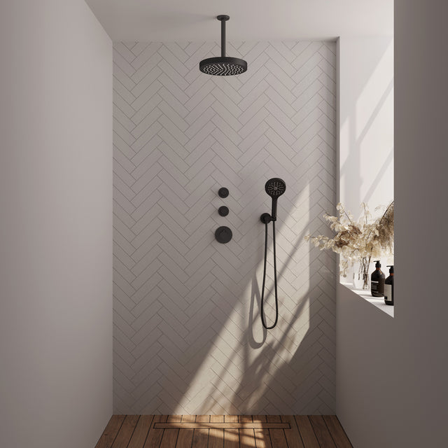 BRAUER Stripe thermostatische inbouw regendouche SET 03 met 25 cm douchekop en plafondarm en staaf handdouche en doucheslang en wandaansluitbocht mat zwart 5-S-369