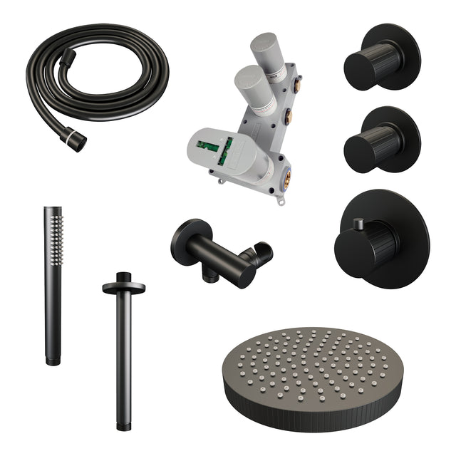 BRAUER Stripe thermostatische inbouw regendouche SET 03 met 25 cm douchekop en plafondarm en staaf handdouche en doucheslang en wandaansluitbocht mat zwart 5-S-369