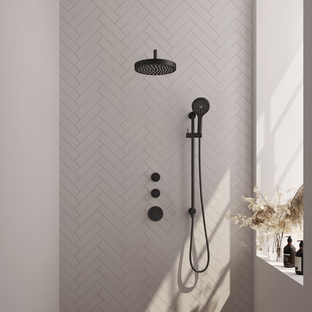 BRAUER Stripe thermostatische inbouw regendouche SET 11 met 25 cm douchekop en gebogen muurarm en 3-standen handdouche en doucheslang en geïntegreerde glijstang mat zwart 5-S-385
