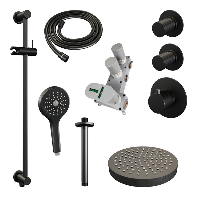 BRAUER Stripe thermostatische inbouw regendouche SET 12 met 25 cm douchekop en plafondarm en 3-standen handdouche en doucheslang en geïntegreerde glijstang mat zwart 5-S-387