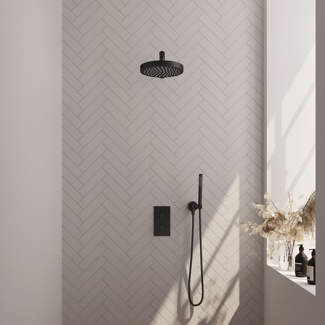 BRAUER Stripe thermostatische inbouw regendouche 3-weg rechthoekig SET 13 met 25 cm douchekop en rechte muurarm en staaf handdouche en doucheslang en wandaansluitbocht mat zwart 5-S-389