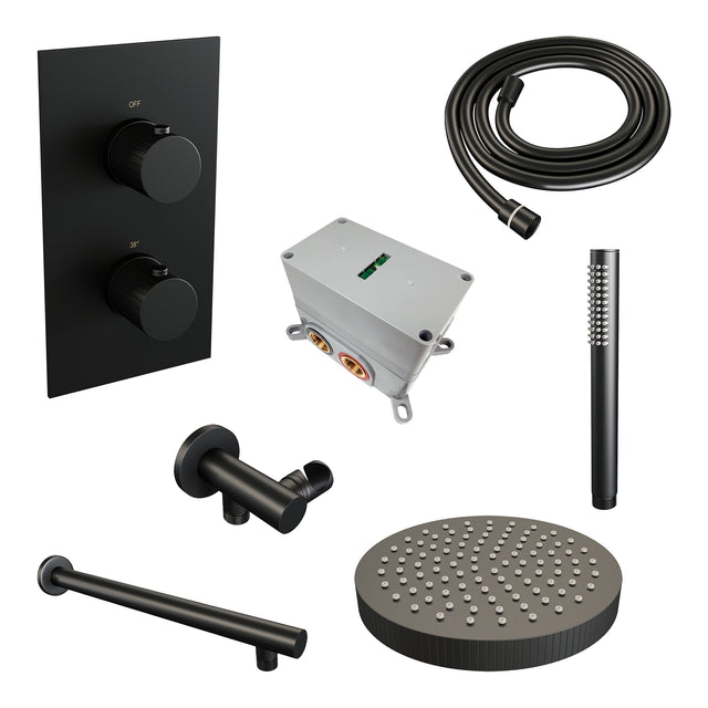 BRAUER Stripe thermostatische inbouw regendouche 3-weg rechthoekig SET 13 met 25 cm douchekop en rechte muurarm en staaf handdouche en doucheslang en wandaansluitbocht mat zwart 5-S-389