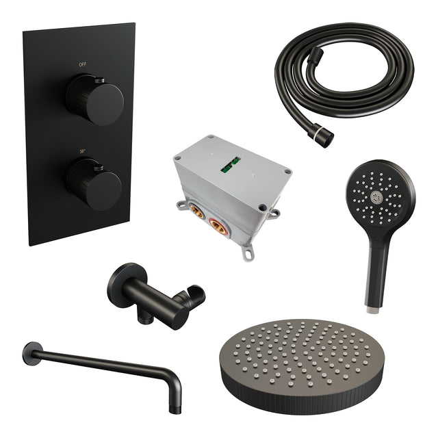 BRAUER Stripe thermostatische inbouw regendouche 3-weg rechthoekig SET 17 met 25 cm douchekop en gebogen muurarm en 3-standen handdouche en doucheslang en wandaansluitbocht mat zwart 5-S-397