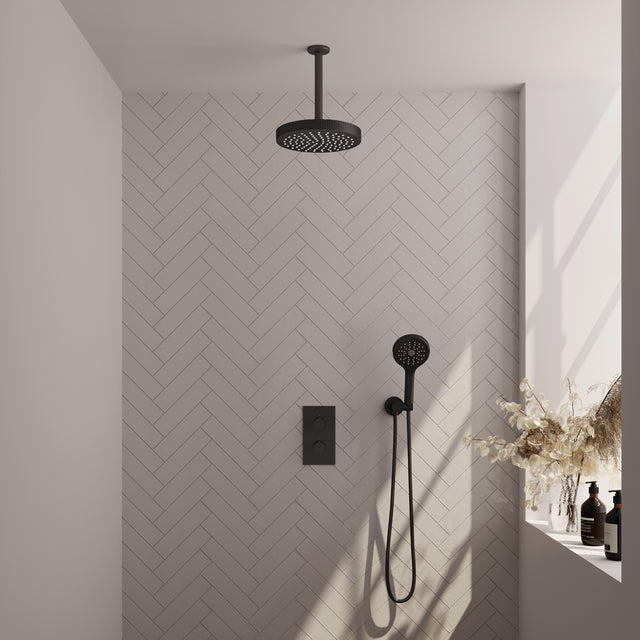 BRAUER Stripe thermostatische inbouw regendouche 3-weg rechthoekig SET 18 met 25 cm douchekop en plafondarm en 3-standen handdouche en doucheslang en wandaansluitbocht mat zwart 5-S-399