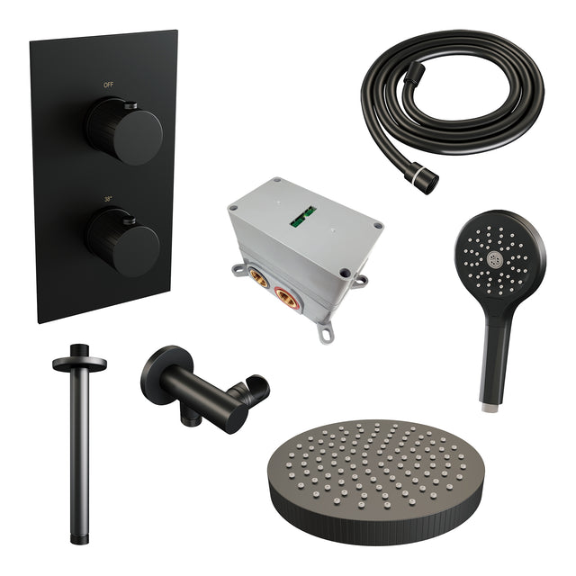 BRAUER Stripe thermostatische inbouw regendouche 3-weg rechthoekig SET 18 met 25 cm douchekop en plafondarm en 3-standen handdouche en doucheslang en wandaansluitbocht mat zwart 5-S-399