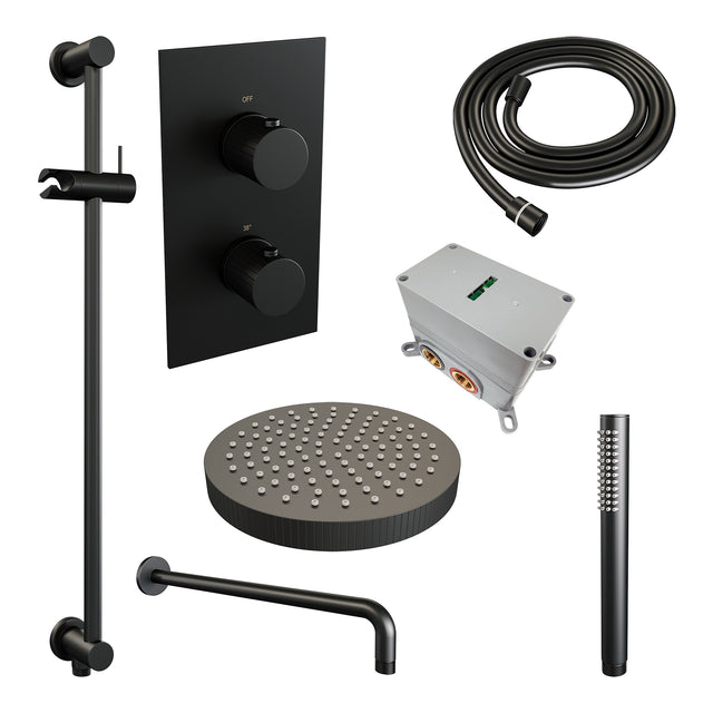BRAUER Stripe thermostatische inbouw regendouche 3-weg rechthoekig SET 20 met 25 cm douchekop en gebogen muurarm en staaf handdouche en doucheslang en geïntegreerde glijstang mat zwart 5-S-403