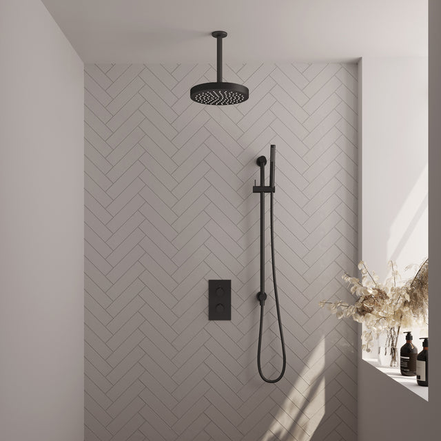 BRAUER Stripe thermostatische inbouw regendouche 3-weg rechthoekig SET 21 met 25 cm douchekop en plafondarm en staaf handdouche en doucheslang en geïntegreerde glijstang mat zwart 5-S-405