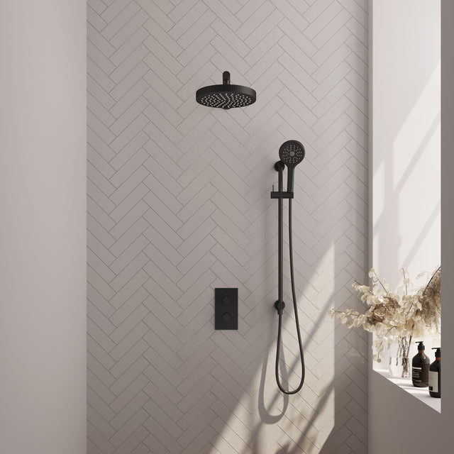 BRAUER Stripe thermostatische inbouw regendouche 3-weg rechthoekig SET 22 met 25 cm douchekop en rechte muurarm en 3-standen handdouche en doucheslang en geïntegreerde glijstang mat zwart 5-S-407
