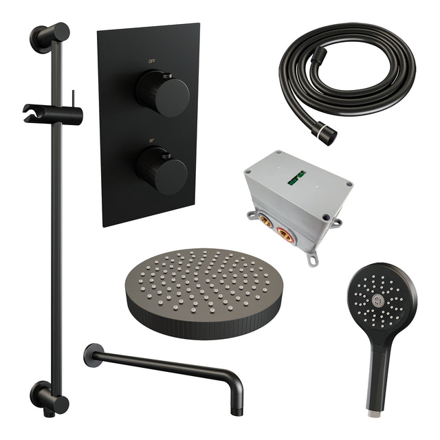 BRAUER Stripe thermostatische inbouw regendouche 3-weg rechthoekig SET 23 met 25 cm douchekop en gebogen muurarm en 3-standen handdouche en doucheslang en geïntegreerde glijstang mat zwart 5-S-409