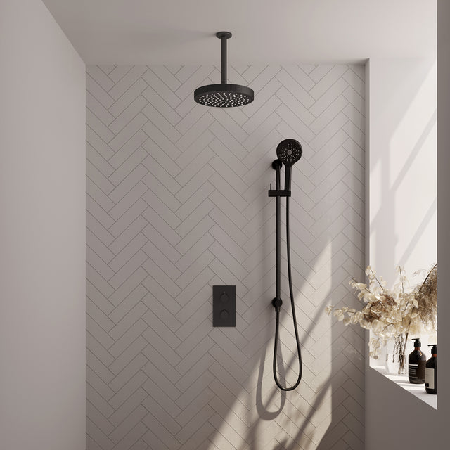 BRAUER Stripe thermostatische inbouw regendouche 3-weg rechthoekig SET 24 met 25 cm douchekop en plafondarm en 3-standen handdouche en doucheslang en geïntegreerde glijstang mat zwart 5-S-411
