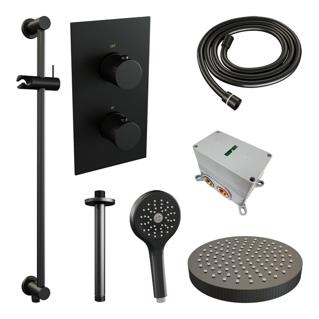 BRAUER Stripe thermostatische inbouw regendouche 3-weg rechthoekig SET 24 met 25 cm douchekop en plafondarm en 3-standen handdouche en doucheslang en geïntegreerde glijstang mat zwart 5-S-411