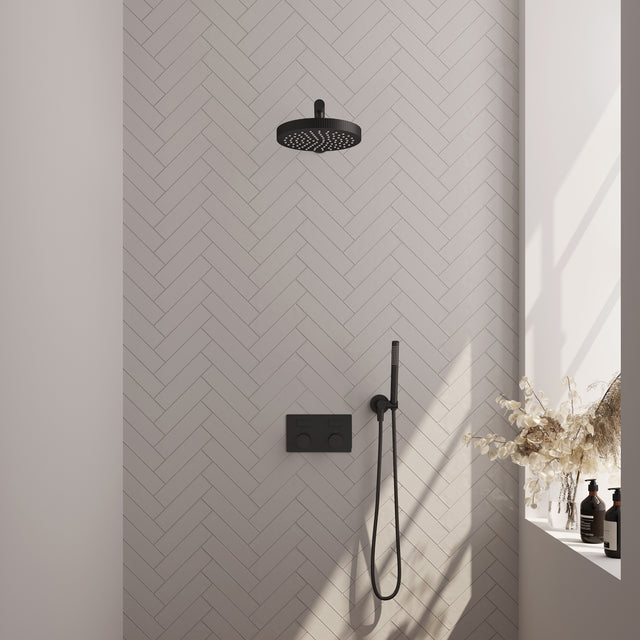 BRAUER Stripe thermostatische inbouw regendouche met drukknoppen SET 25 met 25 cm douchekop en rechte muurarm en staaf handdouche en doucheslang en wandaansluitbocht mat zwart 5-S-413